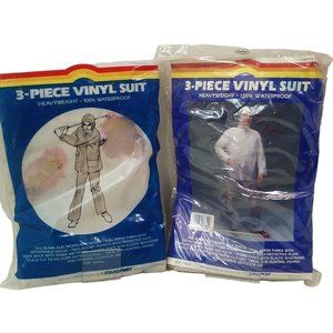 Vintage 70s Lot of 2 Deadstock 3pc Vinyl RainSuit Weatherproof S+L Jacket Pants